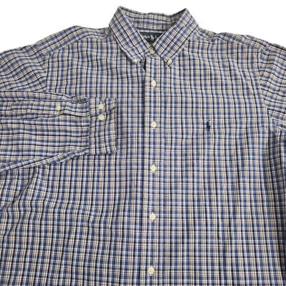 Ralph Lauren Classic Fit Men's 17 / XL long Sleeve Blue & White Plaid w/ Logo